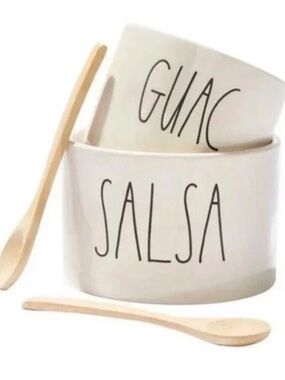 Rae Dunn White SALSA & GUAC Ceramic Bowls with Wood Spoons